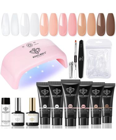 Modelones Poly Nail Gel Kit with 20W Nail Lamp 6 Colors Poly Nail Extension Gel All-in-one Kit Clear Nude Pink White Builder Nail Gel Nail Strengthen Base Top Coat Set Nail Forms for Nail Art Design A2-Clear Nude Pink
