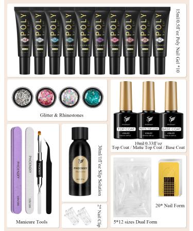 Phoenixy Poly Nail Gel Kit - 10 Colors Poly Extension Starter Set with Glossy & Matte Top Coat | Basic Manicure Tools | Gifts for Women - Buy Online on SooperMarket.com