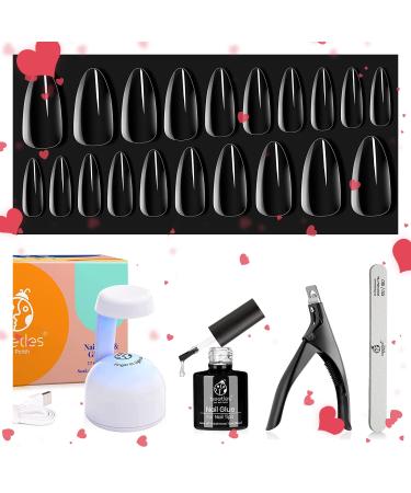 Beetles Easy Gel Tips Nail Extension Kit 2 In 1 Nail Glue Gel Base Coat with Pre-shaped Medium Almond Nails and U V LED Nail Lamp Acrylic Nail Clipper for Gel Art Polish DIY Manicure A-Medium Almond 08