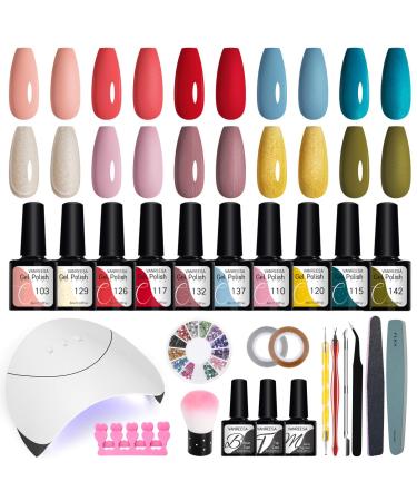 Gel Nail Polish Set with U V Nail Lamp Starter Kit VANREESA 10 Colours Gel Nail Polish Kit Red Yellow Green Nude Blue Gel Polish Set Gel Nail Kit Gifts for Women Nail Art Salon at Home 24 Pieces Set