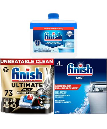 Bundle of Finish Ultimate Plus Infinity Shine Dishwasher 73 Tablets Bundle 1 x Dishwasher Cleaner 1 x Dishwasher Salt 2kg