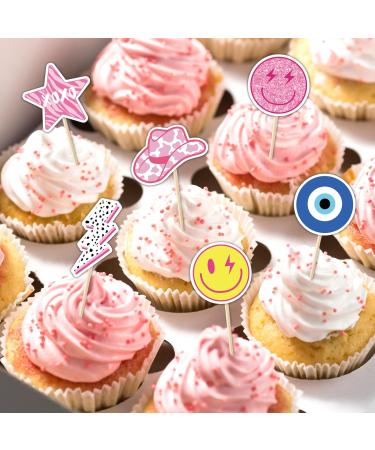 Whaline 40Pcs Preppy Pink Party Cupcake Toppers 10 Designs Paper Cake Decor Cute Cupcake Picks for Y2K Bachelorette Birthday Party Supplies Photo Booth Props - Buy Online on SooperMarket.com