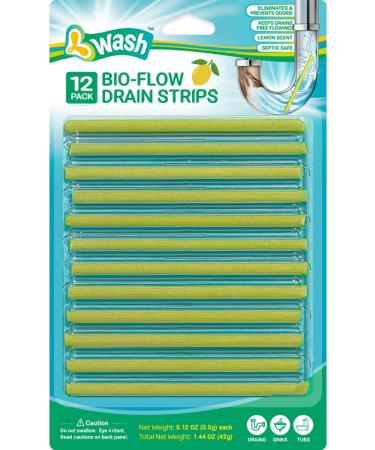 Lemon Scent Bio-Flow Drain Strips - 12 Strips | L-Wash Drain Cleaner & Odor Remover Drain Sticks - Keeps Drains Fresh