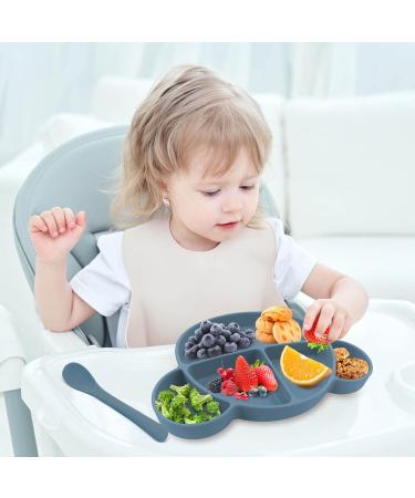 Silicone Baby Suction Plate with Lid and Spoon - Kid Divided Weaning Plate in Blue | BPA Free & Dishwasher Safe - Children's Dinnerware Set - Buy Online on SooperMarket.com