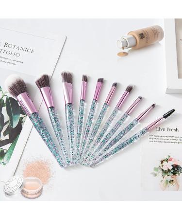 10 PCS Glitter Handle Makeup Brush Set | Professional Face & Eye Brushes | Green Cosmetic Brushes in Transparent Bag - International Shipping - Buy Online on SooperMarket.com