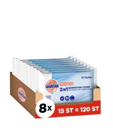 Sagrotan 2in1 disinfection wipes-for disinfecting hands and surfaces-8 x 15 wet wipes in recoverable packaging white ocean