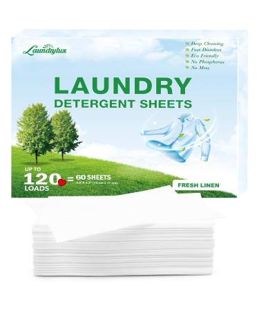 Laundry Detergent Sheets Eco-Friendly & Hypoallergenic Laundry Detergent Strips Natural Ingredients Ultra-Concentrated Travel-Ready No Plastic Jug- Fresh Scent (120 Loads) 60 Sheets Fresh Linen 1 Count (Pack of 60)