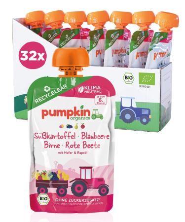 Organic squeezing sweet potato blueberry pear beetroot oats & rapeseed oil - vegetable puree fruit puree and cereals for babies from the 6th month.Recyclable squeezing bag 32 pack (32x100g)