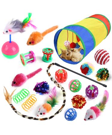 Wefine 20 Pcs Cat Toys for Indoor Kitten Collapsible Cat Tunnel for Indoor Cat Interactive Cat Feather Wand Ball Spring Mice Toy for Cat Puppy Kitty Kitten 20pcs Rainbow