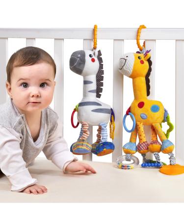 Tumama baby toys for 0 3 6 9 12 months plush toy rattle toys soft baby auto seat stroller hanging toy toys gift for toddlers newborn boys and girls (2 pack) giraffe zebra set set