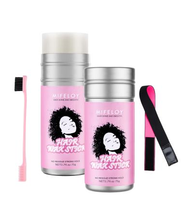 2Pcs Women Hair Wax Stick 2.7oz Styling Cream Gel for Smoothing Flyaways Taming Frizz Baby Hair Pomade Tamer Stick Slick Back Glue Bed Head Waxes Edge Control Brush Elastic Lace Melting Wig Band