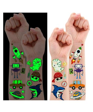 Partywind 145 Styles - Luminous Temporary Tattoos for Boys Kids, Glow Fake Tattoo Stickers for Children Featuring Dinosaur Space Pirate Cars and More, Glow Kids Birthday Party Supplies Favors (12 Sheets)
