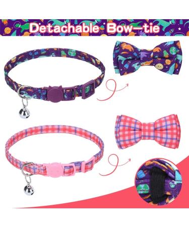 EXPAWLORER Breakaway Cat Collar 2 Pack with Bow tie and Bell - Cute Kitten Safety Collars - Plaid Dinosaur Universe Pattern Purple - Buy Online on SooperMarket.com