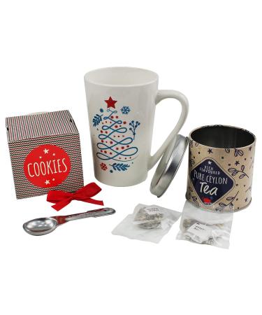 4 Piece Christmas Hot Chocolate Mug Marshmallow Cookie Tea Secret Santa Gift Set (Blue Ceylon Tea Set)