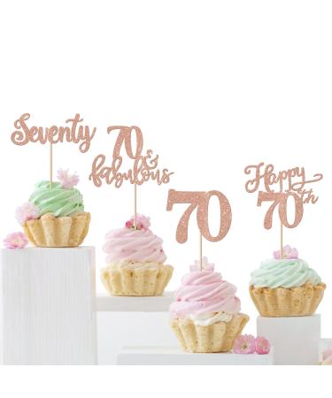 Rsstarxi 24 Pack 70th Birthday Cupcake Toppers Glitter 70 Fabulous Cake Decorations Seventy Happy 70 Birthday Cupcake Toothpicks for 70th Birthday Anniversary Party Decorations Rose Gold Design 1 70th Rose Gold