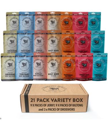 Raging Bull Biltong Jerky & Droewors 21 Bag Variety Box - Crafted with Our Award-winning Expertise. Deliciously Tender. High in Protein. Ready-to-eat Snacks. 3 of each Flavour
