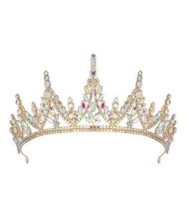 SWEETV Gold Tiara Crown for Women Girls Wedding Tiara for Bride Iridescent Crystal Hair Accessories for Quinceanera Prom Pageant Birthday Multicolored