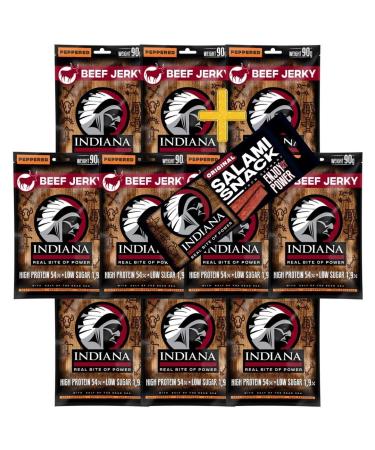 INDIANA BEEF JERKY dried meat high protein no added sugar + salami snack 18g (10 x 90g Jerky Beef Peppered)