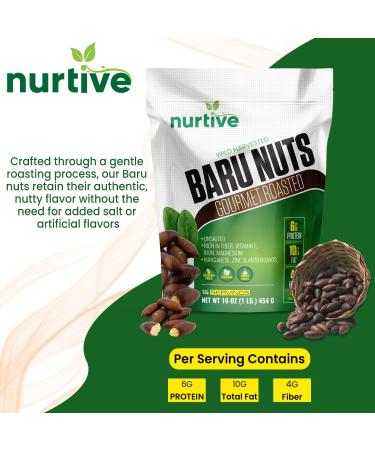 Nurtive Baru Nuts - Gourmet Roasted Wild Harvested & Unsalted - Plant-Based Protein High Fiber Antioxidants - Non-GMO Gluten-Free Paleo & Vegan - 16 oz - Buy Online on SooperMarket.com