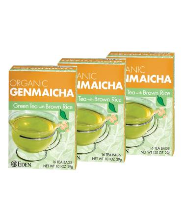 Eden Genmaicha Organic Green Tea, Sencha Green Tea with Roasted Organic Brown Rice, Japanese, 16 Unbleached Manila Tea Bags/Box (3-Pack) 16 Count (Pack of 3)