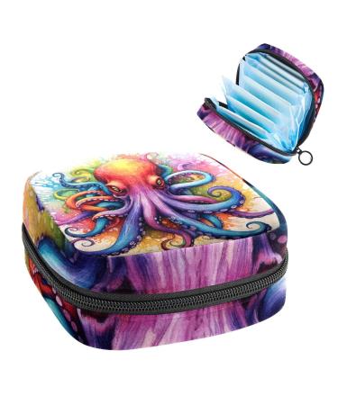 Color Ink Octopus Sanitary Napkin Storage Bag Feminine Menstrual Cup Pouches Nursing Pad Holder Tampon Bags Portable Period Bag for Women Teen Girls 1Pcs Multi-colored 7