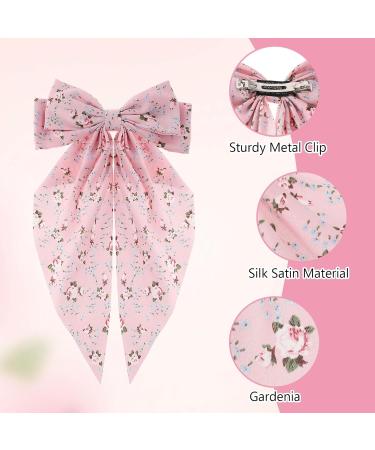 Andibro Pink French Bow Hair Clip Flower Pattern Ribbon Bow Hairpins Long Tail Big Bow Barrettes Soft Silky Satin Hairclips 90's Aesthetic Hair Accessories Decor with Metal Clip for Women - Buy Online on SooperMarket.com