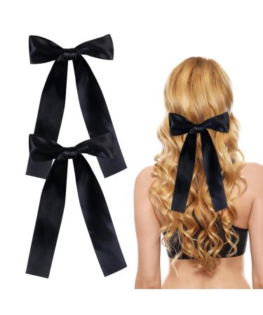 2 Pack Hair Bows for Girls and Women Large Bow Hair Clips Hair Barrette with Long Silky Satin Black Hair Accessories for Girls(Black)