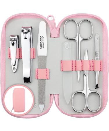 Marqus manicure set ladies and gentlemen solingen made in germany 7 parts with patented glass files for hand and foot care - real leather etui handy and soft 5. pink
