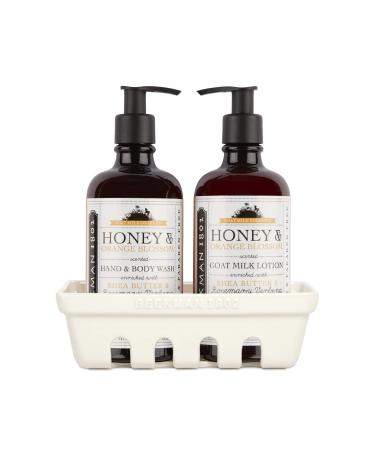 Beekman 1802 Hand Care Ceramic Caddy Set - 12.5 oz Each - Goat Milk-Based Hand Wash & Lotion for Dry Hands - Cruelty Free Honey & Orange Blossom