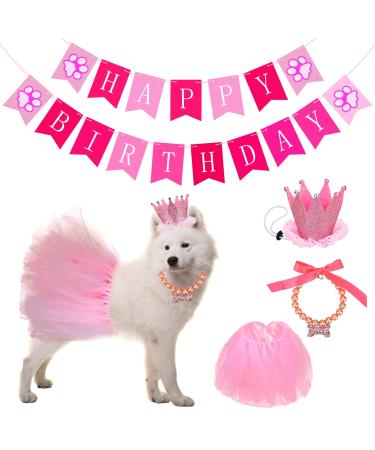 DLLY Dog Birthday Party Supplies with Birthday Banner Pull Flag, Crown Cap, Pearl Necklace, Pet Tutu Skirt, Suitable for Small and Medium Dogs, Cats Cute Birthday Outfit (Pink)