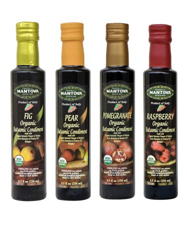 Mantova Organic Flavored Balsamic Vinegar of Modena 4-Variety Pack: Fig, Pear, Pomegranate, & Raspberry Perfect for Gift Basket, Add to Pasta, Salad, Ice Cream and Cocktails, 8.5 oz per bottle Pomegranate, Pear, Fig, Raspberry 8.5 Fl Oz (Pack of 4)