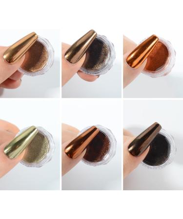 Chrome Nail Powder Set - 6 Metallic Brown Colors for Mirror Effect Manicure | Glitter Dust & Sponge Applicators - Buy Online on SooperMarket.com