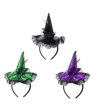 SUNTRADE Black Witch Hat and Lace Details Halloween Headband Set of 3
