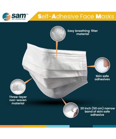 Buy SAM Self Adhesive Masks - 50 Individually Wrapped 3-Ply Face Coverings with Wet Wipe for Global Shipping - Buy Online on SooperMarket.com