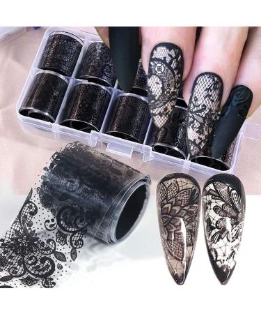 10 Rolls Retro Holographic Nail Foil Transfer Stickers Black Lace Laser Foils Nail Art Supplies Starry Paper Designs for Acrylic Decorations Women DIY Nail Arts Manicure Wraps Charms