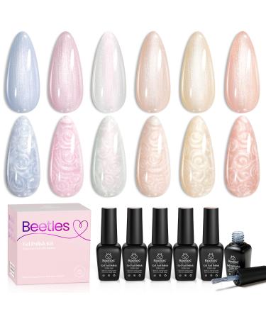Beetles Gel Nail Polish 6 Colors Pearl Gel Nail Polish Shimmer Mermaid Gel Polish White Pink Blue Glitter Nail Polish Shell Swirl Thread Effect Soak Off UV LED Gel for Salon Home DIY Manicure A-Glitter Silk