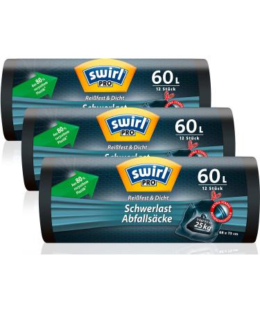 Swirl heavy load waste bags 60 l (3 x 12 bags) garbage bags with a practical tract tape dripping and piercing garbage bag for heavy waste from house and garden black 12 pieces (3 pack)