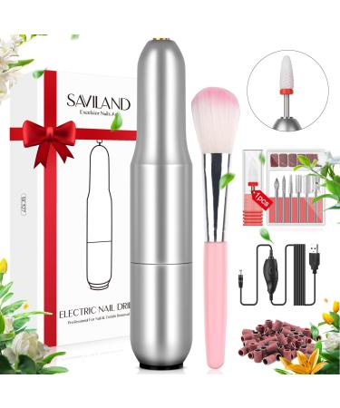 Saviland Portable Electric Nail Drill Machine - 20000 RPM USB Electric Nail File with 7 Nail Drill Bits and 51 Sanding Bands for Polishing and Removing Nail Manicure Tools Home Salon Use  Silvery B-silvery