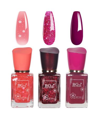 Nail Polish Set - Quick Dry Nail Polish - Pink Nail Polish with Glitter Flower - Long Lasting Chip Resistant Nail Polish for DIY Nail Art Manicure at Home