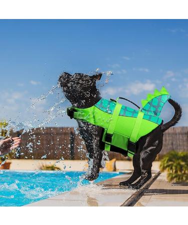 Durable Adjustable Dog Life Jacket | Ripstop Pet Safety Vest with Rescue Handle | Enhanced Buoyancy for Anxiety-Free Swimming | Small Medium Large Dogs | Green Dinosaur Design - Buy Online on SooperMarket.com