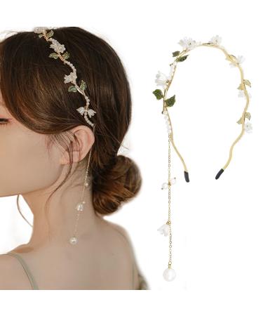 Gold Wedding Flower Headband Crystal Tassel Headband for Women Sparkly Rhinestone Fake Earrings Hair Chain Hairhoop Hair Accessories for Women and Girls