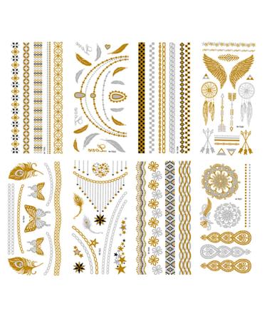 8 Sheets Gold Metallic Temporary Tattoos for Women - Shimmer Designs, Jewelry Fake Tattoo Stickers - Waterproof Body Makeup - Buy Online on SooperMarket.com