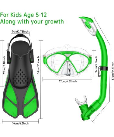 WANFEI Kids Mask Fin Snorkel Set - Dry Top Snorkel, Diving Flippers, Panoramic View Diving Mask - Green | Snorkeling Gear for Boys and Girls - Buy Online on SooperMarket.com