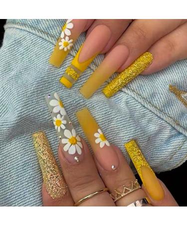 RikView Luxury Press on Nails Long Fake Nails Coffin with Gold Powder French Yellow Nails Matte Acrylic Nails for Women Yellow & Flower