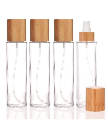 COSIDEA 4 pcs Empty 5oz /150ml bamboo lid clear glass spray bottle with fine mist despenser head for liquid perfume toiletries containers toner bottles 150ml Clear