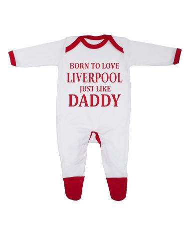'Born To Love Liverpool Just Like Daddy' Baby Boy Girl Sleepsuit Designed and Printed in the UK Using 100% Fine Combed Cotton 6-9 Months White/Red Trim