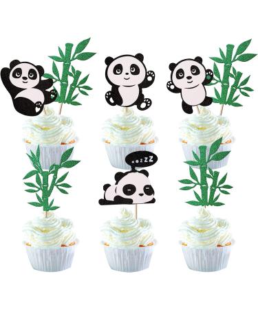 24 pieces panda tortendeko glitter green bamboo cupcake toppers cute animal bear cake decorations cake toppers for baby shower children birthday panda topic party supplies pattern1-panda