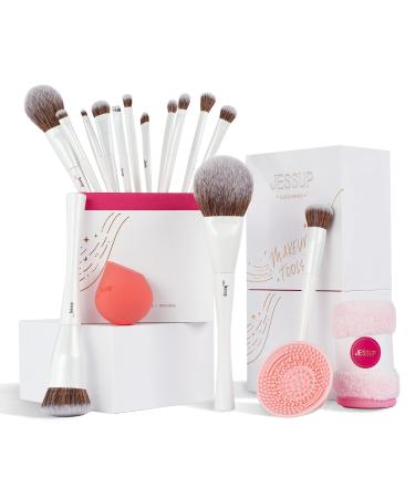 Jessup Makeup Brushes Set 14pcs Make up Brushes Highend Makeup Gift Set Includes Foundation Concealer Blush Contour Powder Eye Brush Makeup Sponge Makeup Brush Cleaner and Towel Pearl White T333 E-T333