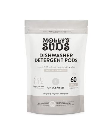 Molly's Suds Dishwasher Pods | Natural Dishwasher Detergent, Cuts Grease & Rinses Clean (Residue-Free) for Sparkling Dishes, Biodegradable Auto-Release Tabs (Fragrance Free - 60 Count) Unscented - 60 Count