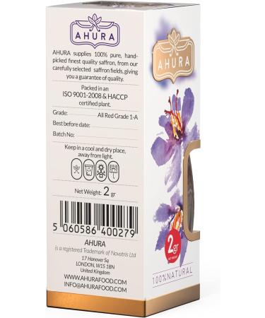 Ahura Finest Natural Saffron Threads - Pure Grade 1 All Red Saffron Spice (2g Jar) - Ideal for Cooking Tea Paella Risotto Pasta Rice - No Additives - Buy Online on SooperMarket.com